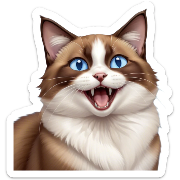 Cinematic Cute Yawning Brown Mantle Snowshoe Cat Portrait Emoji, Head tilted slightly with a dramatic, wide-open yawn, smooth brown fur draping elegantly over its back with contrasting white paws, chest, and facial markings, piercing icy-blue eyes that are barely open, Simplified yet irresistibly adorable features, highly detailed, glowing with a soft, cozy glow, high shine, relaxed yet expressive, stylized with a touch of whimsy, bright and endearing, soft glowing outline, capturing the essence of a sleepy yet affectionate kitty, so drowsy it feels like it could stretch right out of the screen and curl up for a nap! sticker