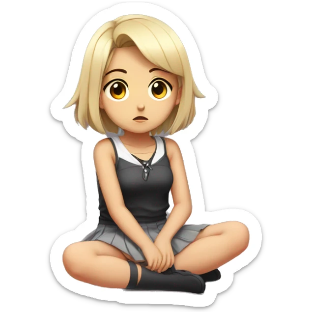 anime girl sad full body, Mini skirt, sits on the floor straight view sticker