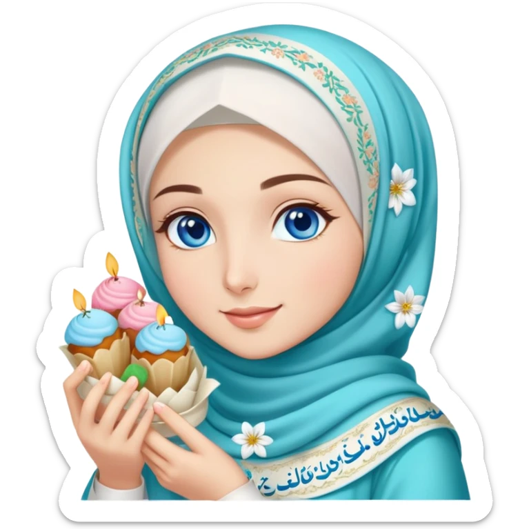 Turkish beautiful finish Konya girl blue eyes with lily floral hijab islamic dress and had on her hand text Eid Mubarak with sweets and celebrating with her friends eid days   sticker