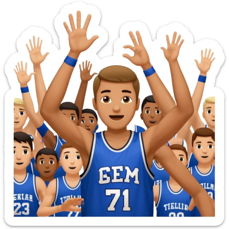 Maverick Trevillian in the crowd at an amateur basketball game. He leans towards the camera and enthusiastically shouts "six seven while performing a distinctive hand gesture: both hands open, palms facing upward, moving up and down as if weighing two options. sticker