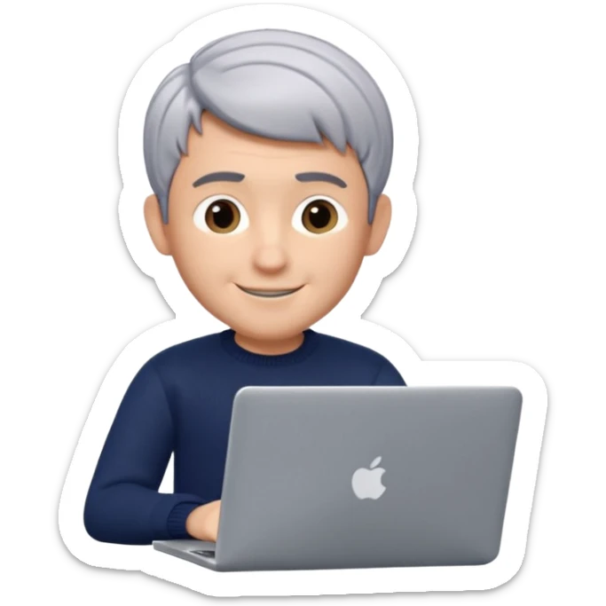3D Memoji of the man from the photo, short salt-and-pepper hair, dark navy sweater, sitting with a silver laptop, Pixar style, white background, professional smile sticker