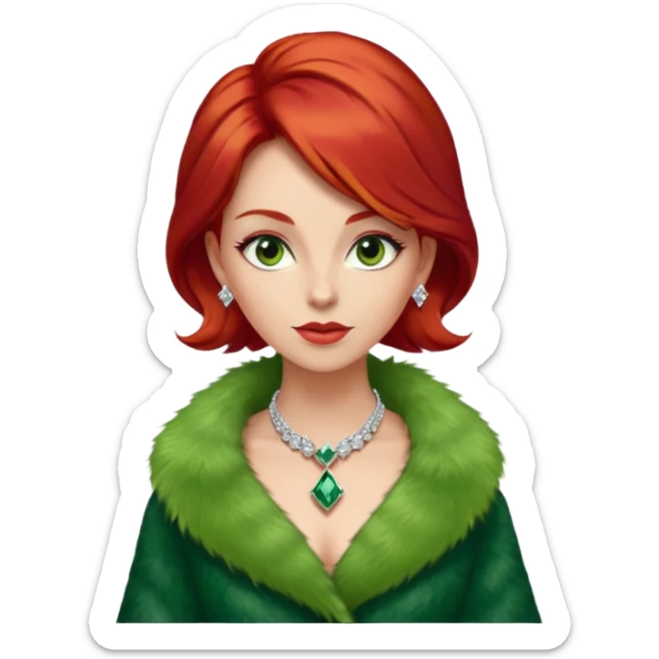 * Character: A stylish lady,red hair
* ﻿﻿Clothing: A luxurious green fur coat
* ﻿﻿Accessories: A dazzling diamond necklace
* ﻿﻿Expression: Confident, elegant, maybe slightly glamorous
* ﻿﻿Pose: Head slightly tilted or a poised posture
* ﻿﻿Style: Emoji-like, simple but expressive sticker