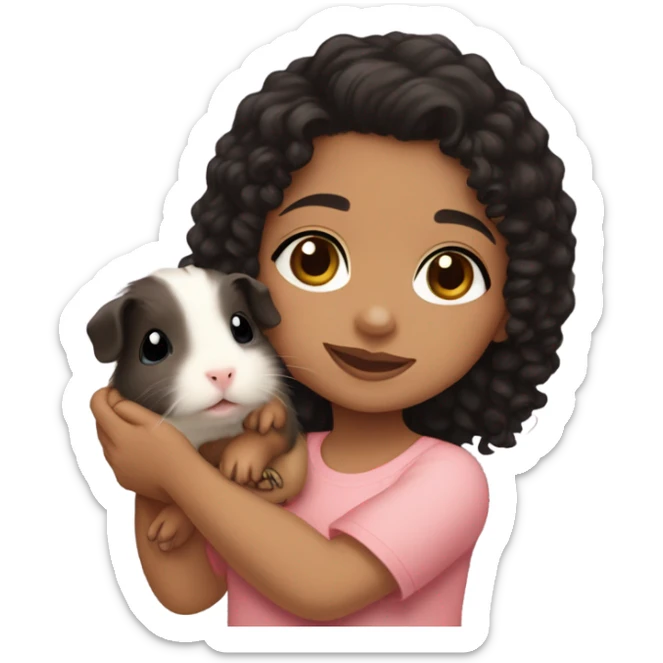 Little light skin girl with black curly hair holding a light brown Guinea pig sticker