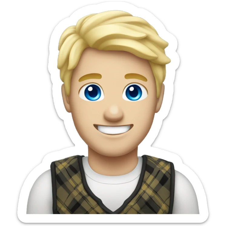 Male with blonde hair and blue eyes waving hand smiling with a Scotland sticker