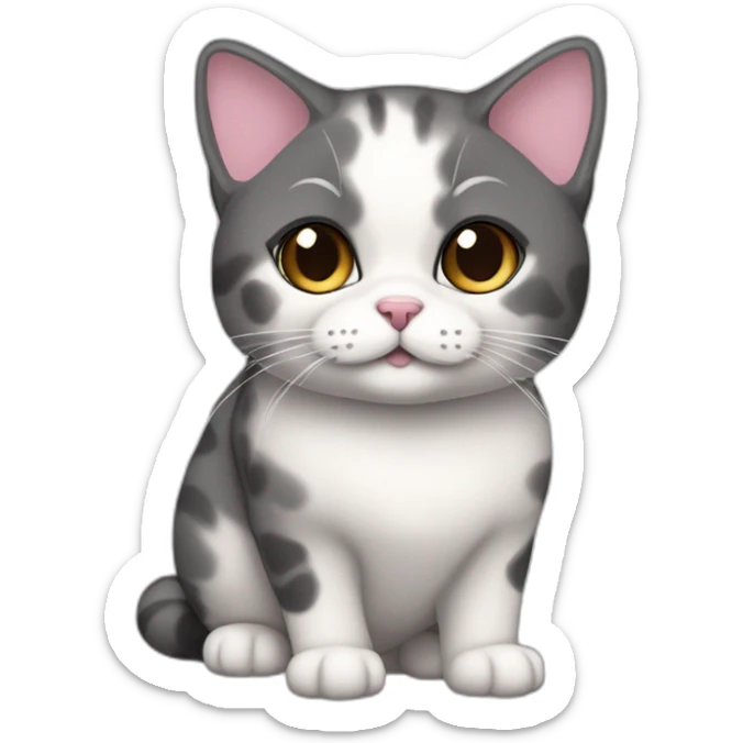 senior chubby diluted calico cat, white chin, pink and black nose, grey ears, grey and white sticker