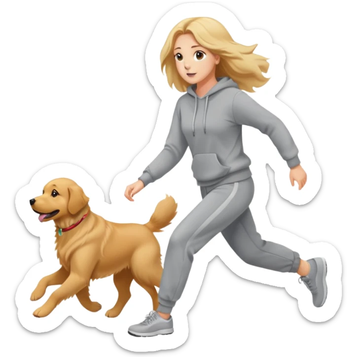 A beautiful girl with fair skin wearing a sweatshirt and sweatpants chasing a dog sticker
