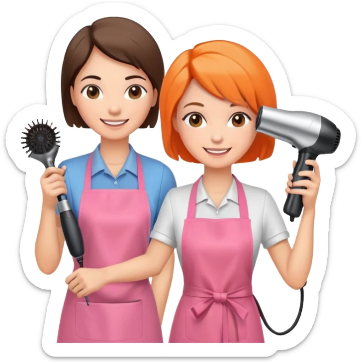 happy woman in pink apron getting a haircut from smiling female hairstylist in orange apron, holding hairdryer in right hand sticker