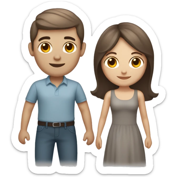 Lovely brunette couple with grey cat. Girl’s skin is light, hair brown. Boy is light skin with collected brown hair sticker