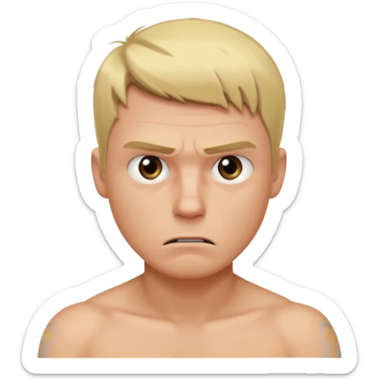 a blond guy with a short haircut, a tired and angry face, no shirt, with dark circles under his eyes sticker
