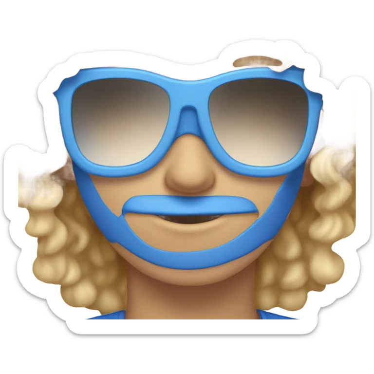 curly blond in a t-shirt. on dbu blue mirrored sunglasses, blue eyes, square face shape sticker