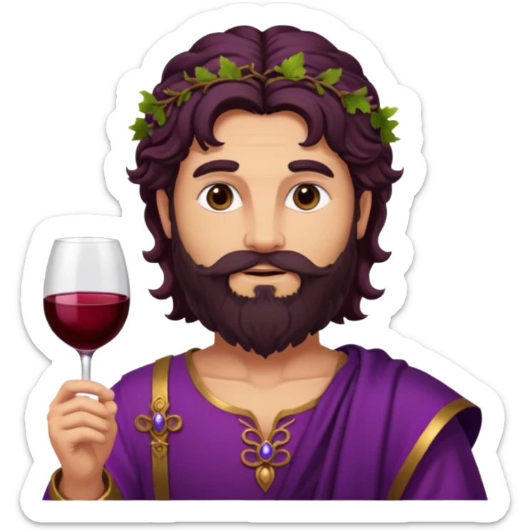 Bacchus, Wine God from Rome Mythology with long dark brown hair and beard, purple and burgundy outfit, sticker
