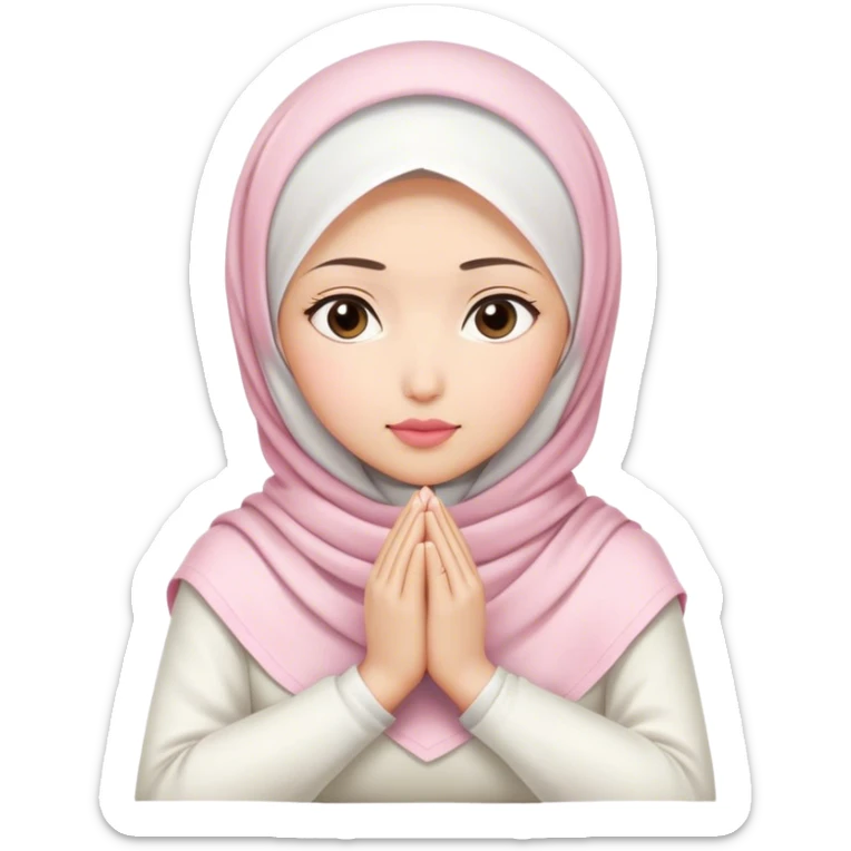 A white Asian woman, white hijab women are listening with her hands folded on the table. her lips is pink. sticker