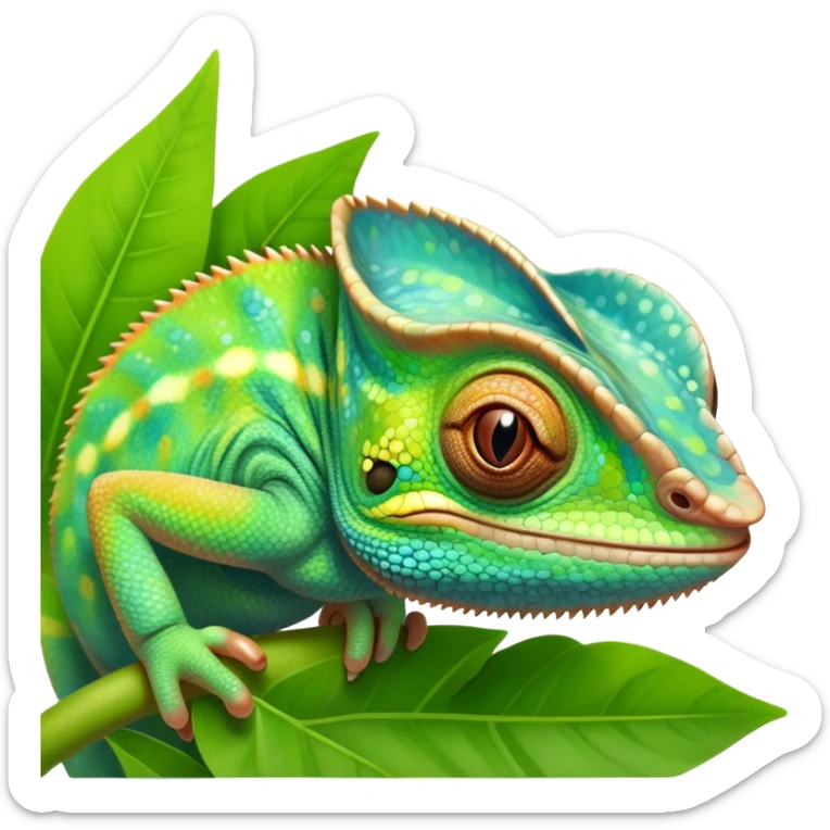 cinematic cute-smiling baby chameleon-realistic emoji,-blending-with-vibrant-greenery.-detailed-scales-in-shifting-colors,-showing-the-chameleon’s-ability-to-camouflage.-soft-natural-light-highlights-its-texture.-light-background, zoomed into its face sticker