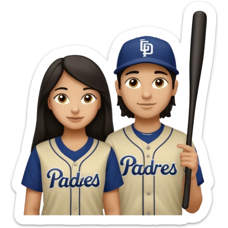 Couple in a game with dark hair but olive skin. They are girlfriend and boyfriend. Not sibling. Girl has long dark and dimples on the cheeks. The boy has dark hair but shortand prominent eyebrows with egipcian nose. Both are wearing “Los Padres” baseball jerseys and with a sign that says “Go Padres” sticker