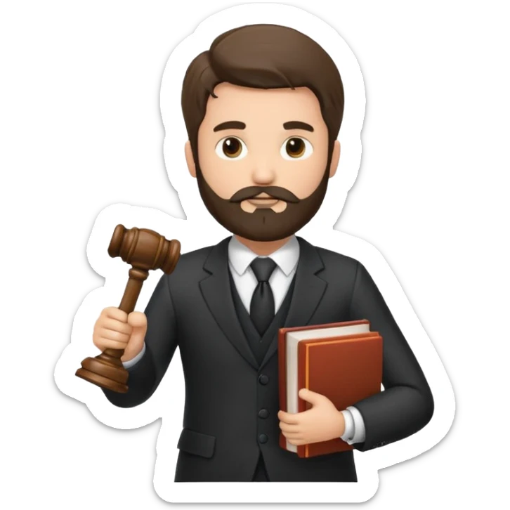 Create a male lawyer. he is wearing a fromal suit jckeret. He is holding a gavel in one hand and a book tucked under his another arm. He has beard. And the hair is kinda darker but not black. and is kinda short at the layers sticker