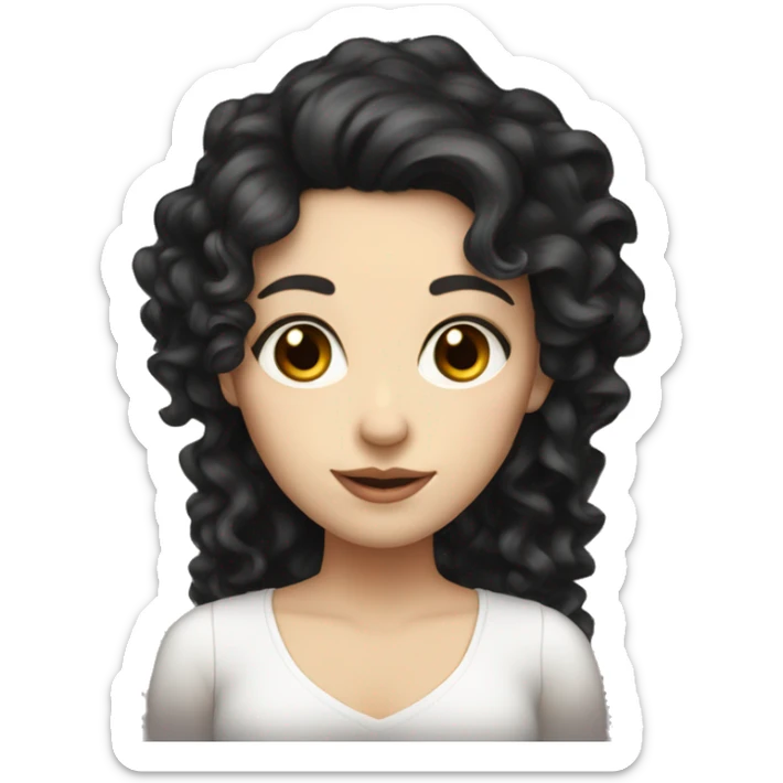 Lady with white skin and long curly black hair and brown eyes and pretty sticker
