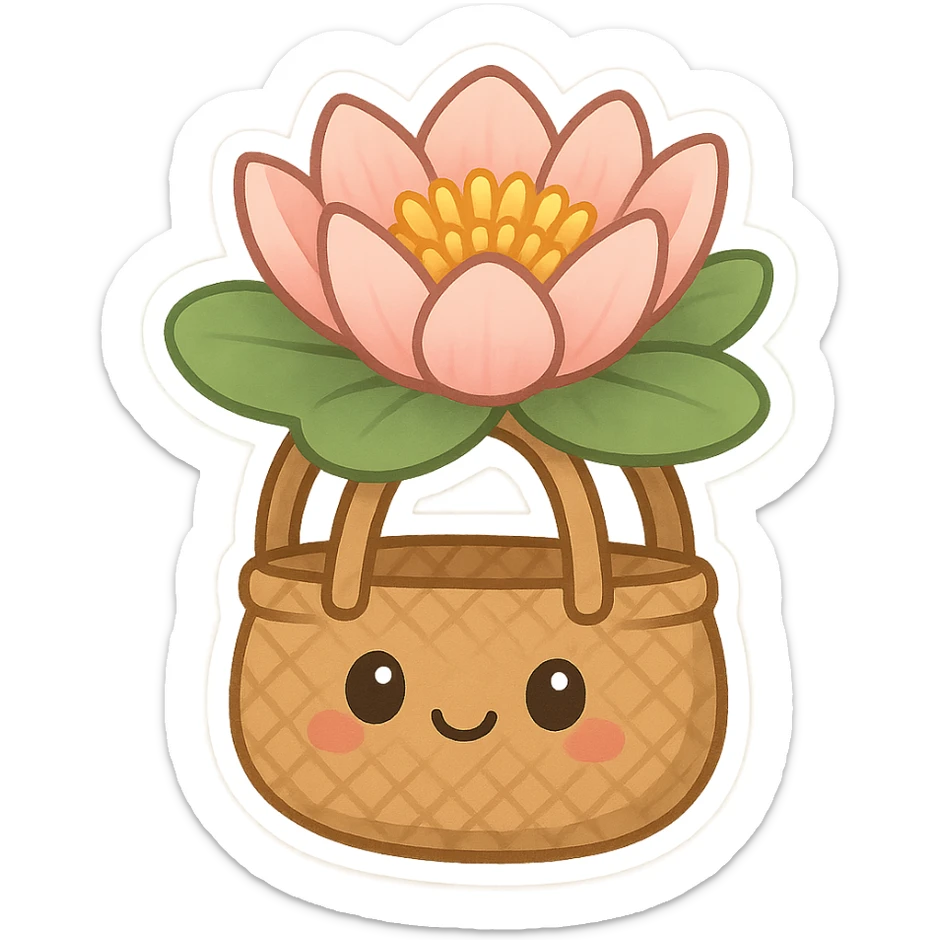 mascota para proyecto productivo, lirio de agua con asas de bolso artesanal, estilo caricaturesco y simpático, colores frescos y naturales sticker
