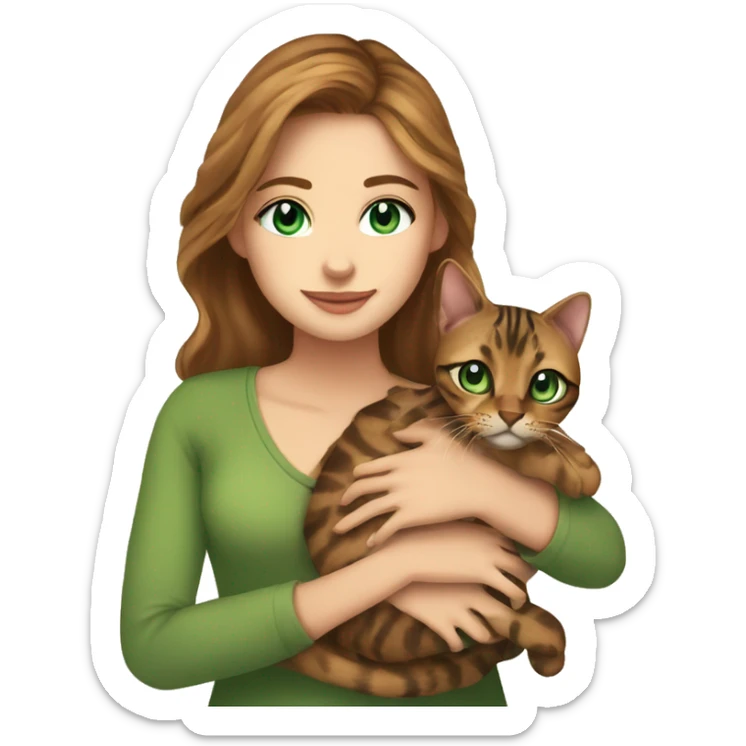 a beautiful girl with green eyes and brown hair is holding a Bengal cat with blue eyes in her arms sticker