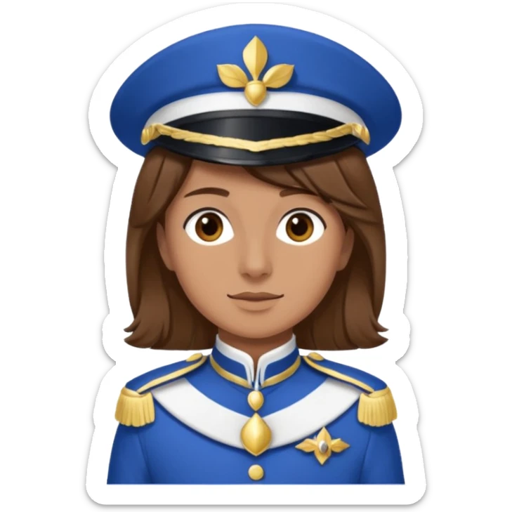 Bonjour, est ce que tu pourrais me créer un emoji, de moi (la personne a droite, brune) avec la tenue de certains membres de la  fanfare (la tenue bleue et blanche ) que tu vois sur la photo. Attention mets bien la fourragère a gauche s'il te plaît sticker