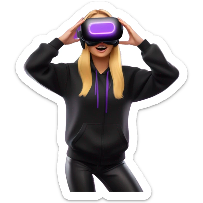 Russian girl wearing black hoody with violet letters "OMG", in vr headset oculus quest2. Dancing. Cyberpunk style. Violet neon. sticker