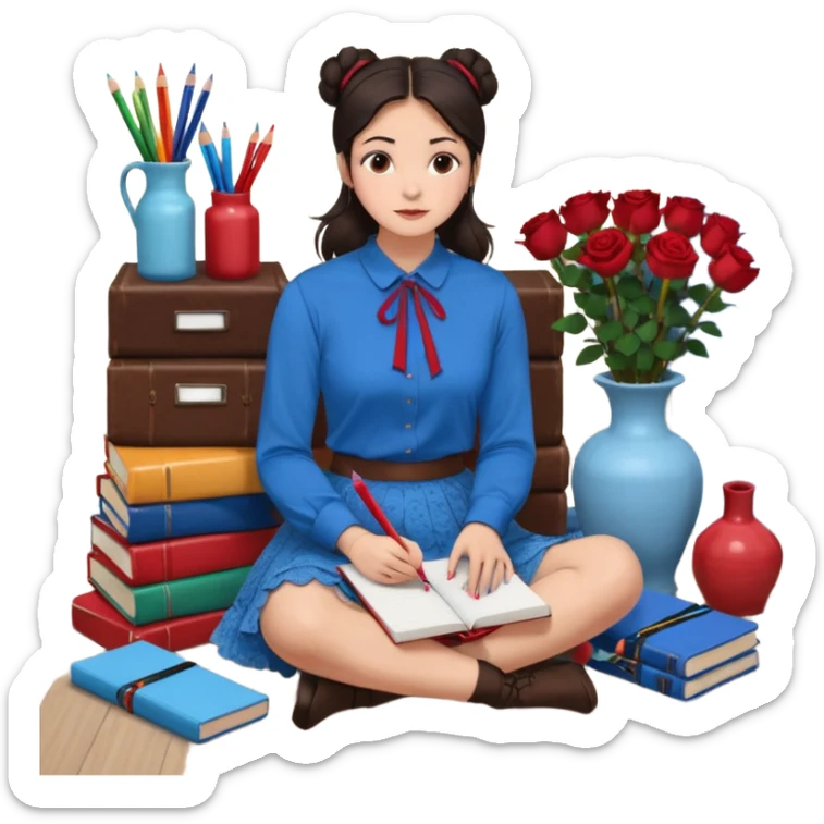A woman with dark hair, straight and dark brown, styled in two buns, wears a blue long-sleeved shirt and a brown lace ruffled skirt. She holds a crayon in one hand. She sits on the floor with her legs crossed. The floor is covered with five stacks of colorful notebooks and a vase of red roses.  sticker