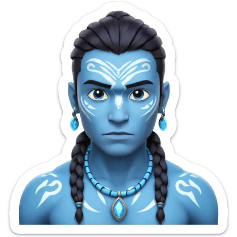 avatar-style Na’vi male portrait, head and shoulders only, blue skin, bioluminescent markings, strong face features, braided hair, tribal necklace, heroic expression, 3D cartoon, mobile game icon style, clean background, no text, no watermark
 sticker
