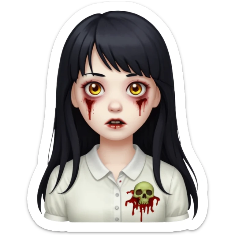 Um emoji de uma menina zombie de blusa branca num fundo preto de cabelo longo e preto e franjinha sticker