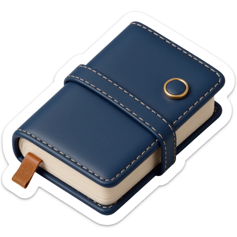 leather-textured notebook icon in skeuomorphism style with stitching details and realistic shading, navy blue leather cover sticker