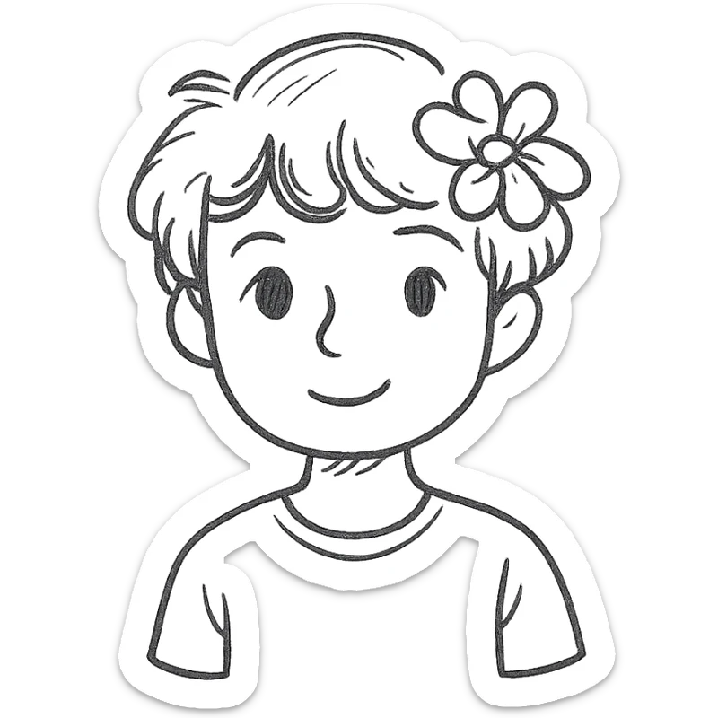 a boy with fluffy, wavy short hair and brown eyes, wearing a light grey t-shirt and a light pink flower on his head, hand drawn style sticker