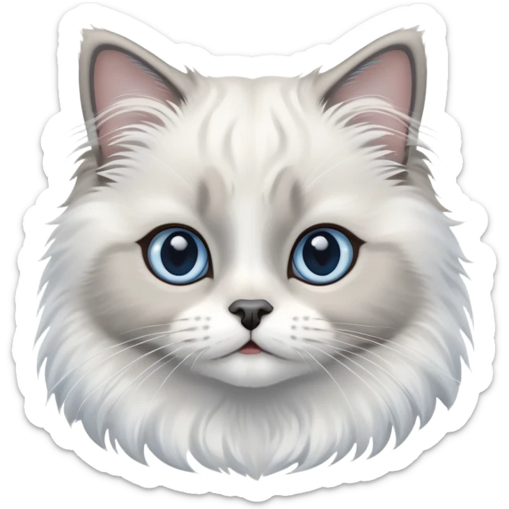 cinematic-adorable-big-eyed-fluffy-white and grey-ragdoll-cat-portrait-emoji,-head-tilted-playfully-with-a-sweet-expression,-fluffy-grey seal colour with white-fur,-simplified-yet-irresistibly-cute-features-with-large,-blue eyes expression, sticker