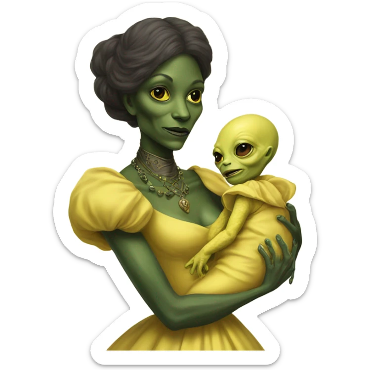  Reptilian alien woman, full body, in victorian jellow elegant dress, holds a newborn humman baby sticker