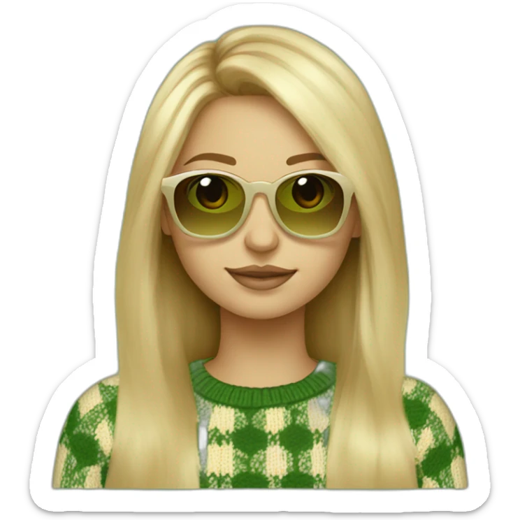 a blonde girl with highlights, long hair, middle part and a square head shape wearing yellow brownish sunglasses and a knitted checkered green an beige jumper sticker