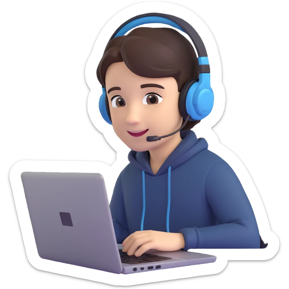 3D emoji style image of a student participating in an online exam, wearing a headset, looking at a laptop, slight smile sticker