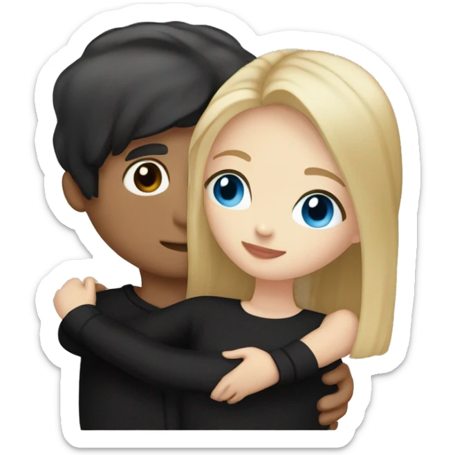 dark Blonde girl with blue eyes in black sweater and an east asian with light skin man with black hair and black eyes hugging sticker