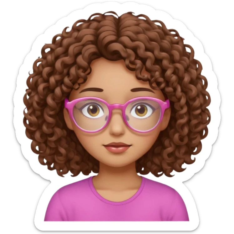 Curly brown haired girl with brown eyes, transparent-pink glasses frames, sleepy, slightly tan skin sticker