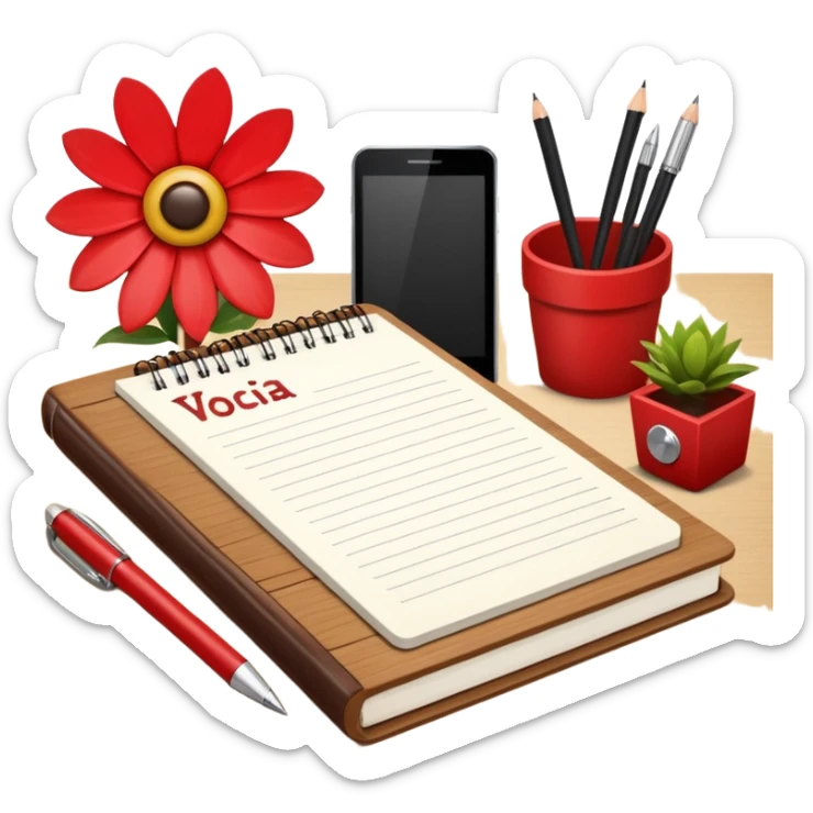 un letrero que diga VACACIONES y detrás un escritorio moderno, con una notebook, una agenda y una planta con una flor sticker