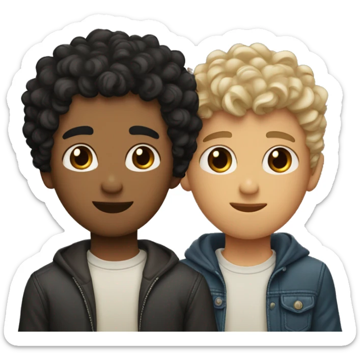 a mulatto boy with small curly black hair with hearts on his eyes who falls in love with a light haired boy with small straight hair with wavy bangs sticker