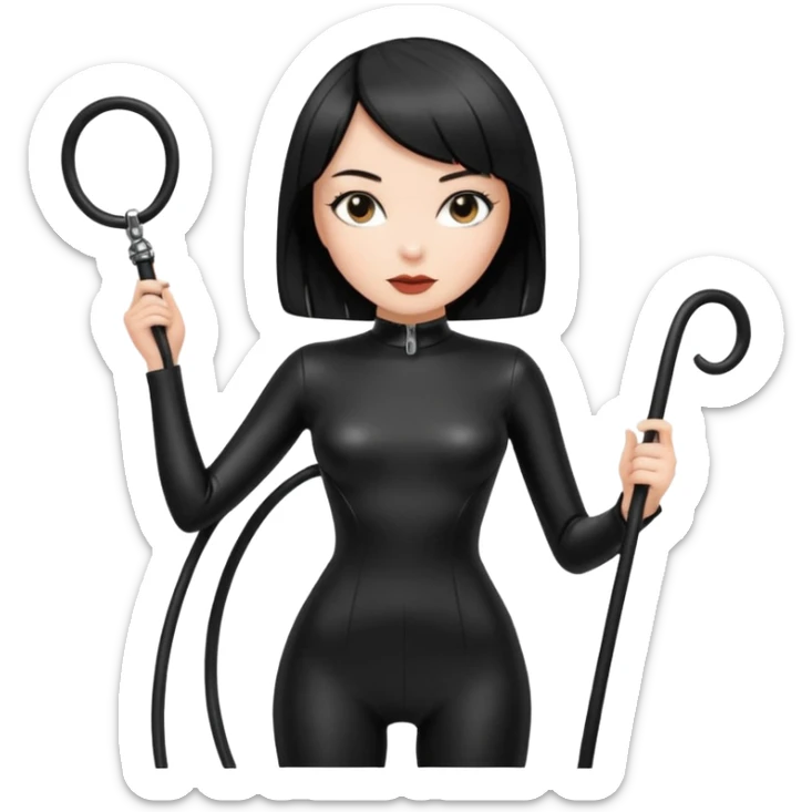 madam with straight bob black hairstyle in black latex with whip in hand sticker