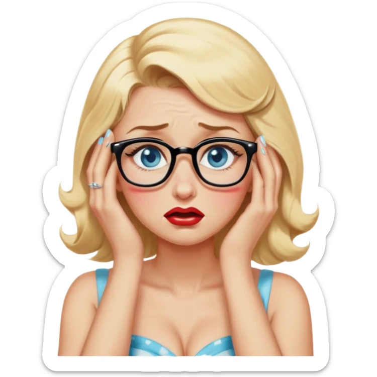 Blonde hair, blue eyed, wearing glasses 50's style pinup crying with hea in her hands sticker