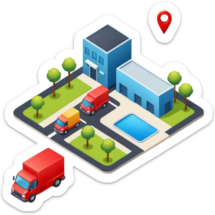 top-down view of a map with a pushpin, a truck, and an industrial company, all elements clearly visible, friendly colors, neutral background, bird's eye perspective sticker
