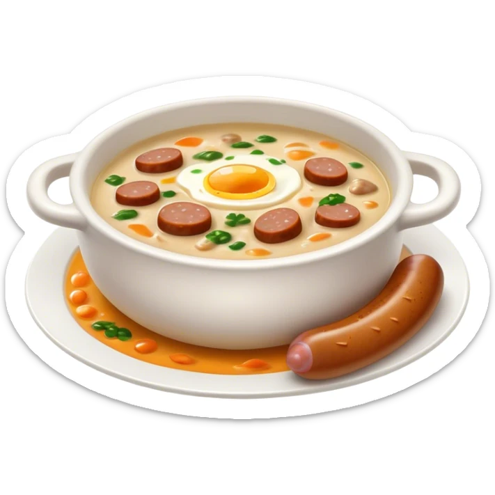 Cinematic Realistic ≈ªurek Soup Dish Emoji, depicted as a tangy, creamy rye soup with sausage and egg rendered with detailed textures and warm, comforting lighting. sticker