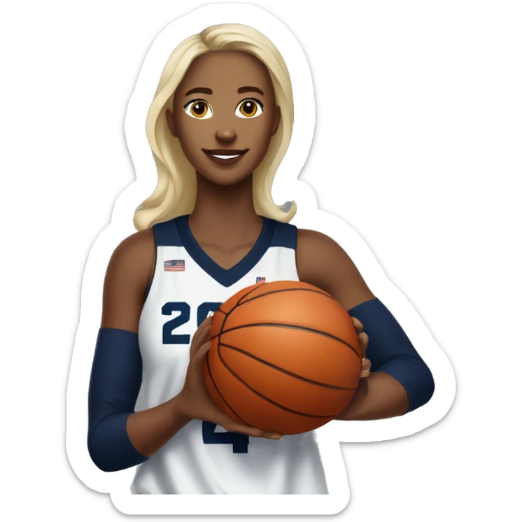 Basketball blonde female player wearing navy blue jersey that has the number 24 & holding a basketball sticker