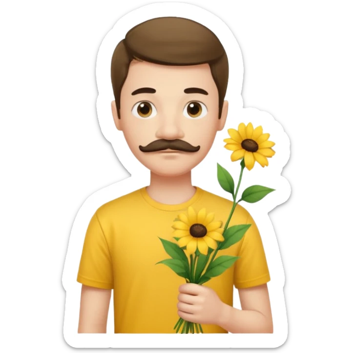 generate an ios genmoji of a 20 year old fair boy with 3 mustache hair. should look like he cant grow a mustache., carrying a flower bouquet, wearing a yellow tshirt, looking shy sticker