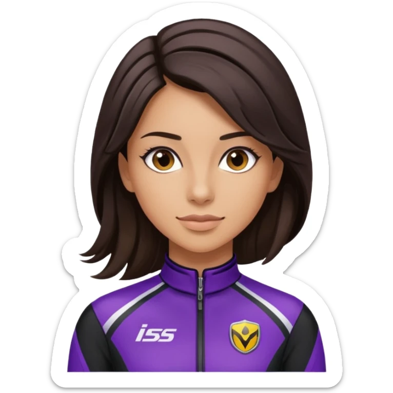 brunette long hair woman with black racing outfit with purple strips sticker