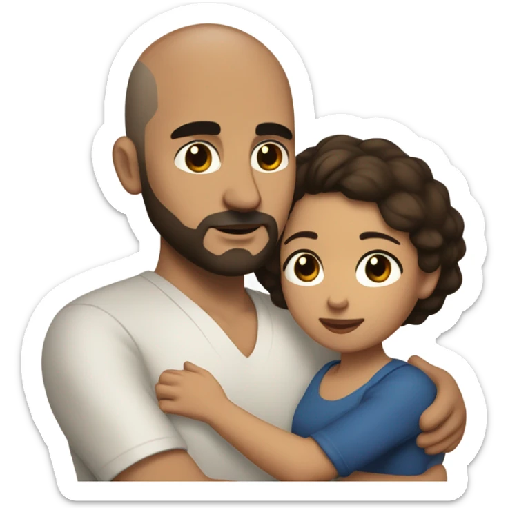 Comforting hug from brunette Puerto Rican with dark brown eyes to short, bald man with brown eyes and a beard sticker