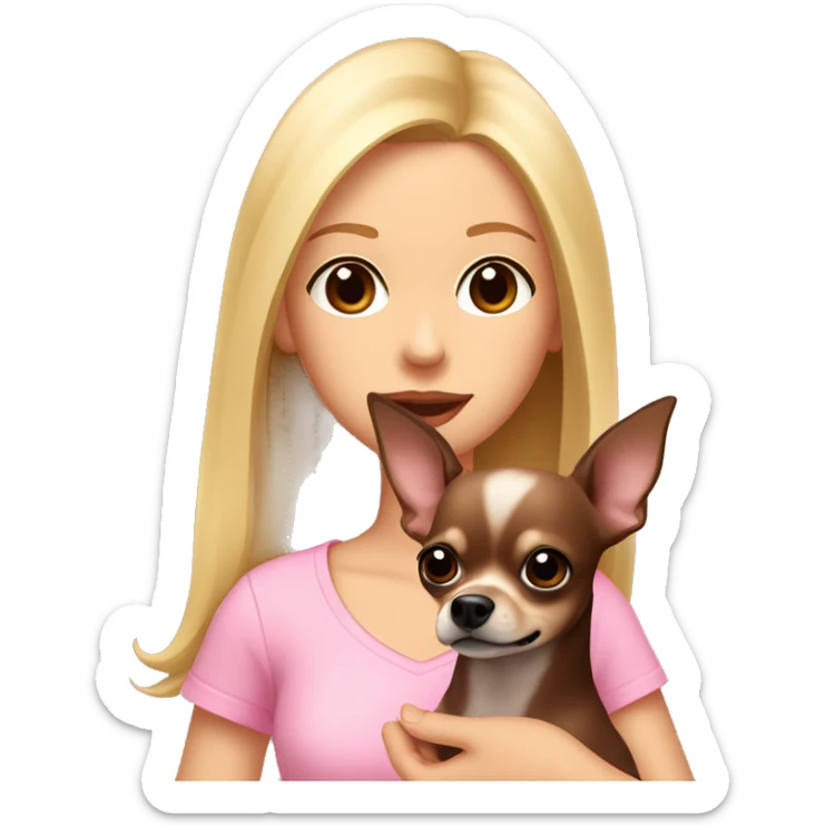 Waist-high angle A girl with straight blonde hair with pale pink lips and brown eyes in a pink T-shirt holds a dark brown chihuahua in her hands at her chest sticker