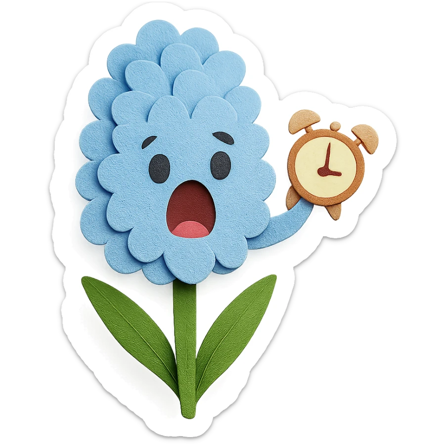 pastel blue hyacinth flower with alarmed eyes and a screaming mouth, waving a tiny alarm clock, fluffy and round, paper craft style sticker