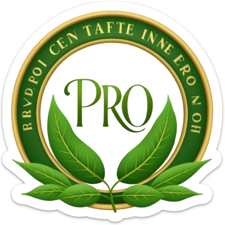 Crea un emoji de un sello o escudo elegante con un borde de ramitas de hojas verdes. En el centro, las letras 'PRO' o un ícono de check (✓) para simbolizar fórmulas probadas. Estilo de certificación. sticker