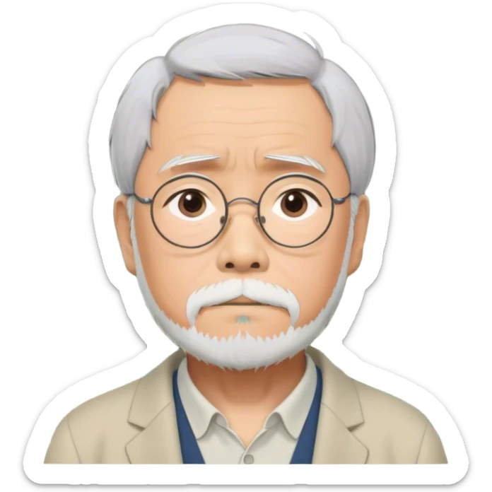 Hayao Miyazaki (filmmaker) – Cinematic Realistic Portrait of Hayao Miyazaki, portrayed with gentle, wise eyes and a thoughtful expression, set against a backdrop of whimsical sketches and animated landscapes reminiscent of Studio Ghibli, rendered with soft natural lighting and rich, detailed textures that evoke creative magic. sticker