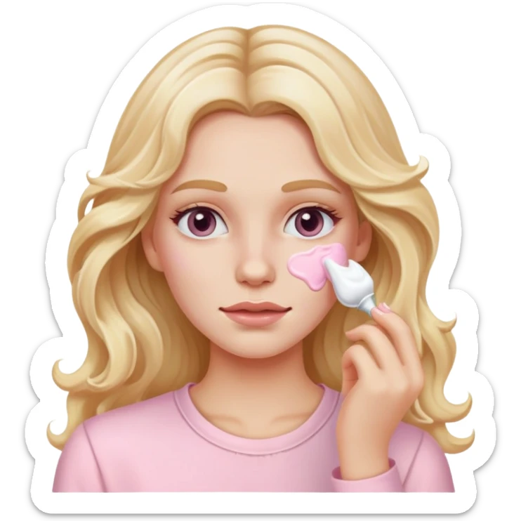 A white girl with long blonde wavy hair in pale pink clothes smears cream on her face sticker